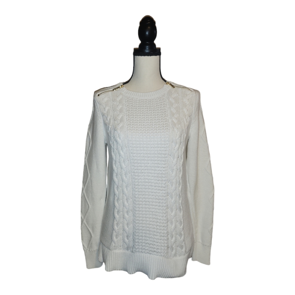 MICHAEL KORS White Sweater Gold Zippers on Shoulders Cable Knit Size S